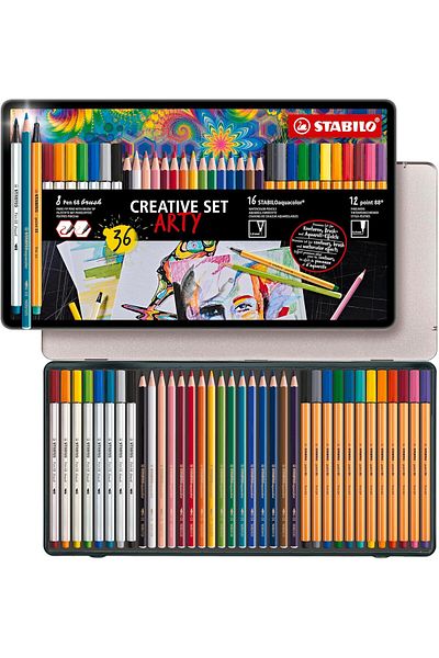 Stabilo Aquacolor, Pen 68 Brush and Point 88 Arty - Metal Box - Creative Set - Various Colors