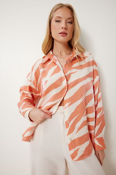 Happiness İstanbul Women's Orange Patterned Satin Surface Viscose Shirt Cr00504