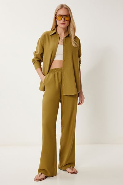 Happiness İstanbul Women's Olive Green Seasonal Woven Shirt Pants Suit Us00983