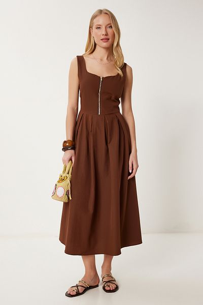 Happiness İstanbul Braunes Midikleid aus Popeline mit Reißverschluss für Damen UB00340
