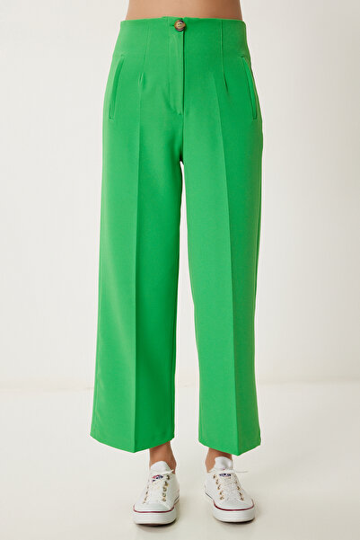 Happiness İstanbul Dámské zelené tkané kalhoty Culotte se středním pasem NS00435