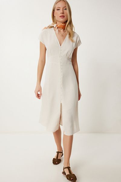 Happiness İstanbul Cremefarbenes Damenkleid mit Knopfleiste und Schlitz aus Leinen CR00498