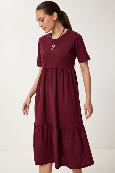 Happiness İstanbul Burgunderrotes, übergroßes Sommer-Strickkleid mit Volant für Damen CR00475