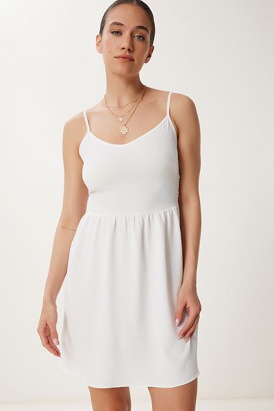 Happiness İstanbul Women's Ecru Strap Stretchy Summer Mini Knitted Dress Gx00003