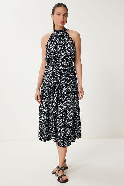 Happiness İstanbul Women's Black Halter Neck Floral Summer Viscose Dress An00238