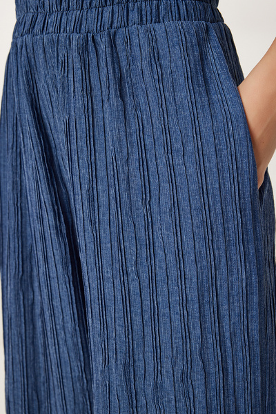 Happiness İstanbul Női indigókék lenkeverék, fűzős blúz Palazzo nadrágkosztüm RV00207