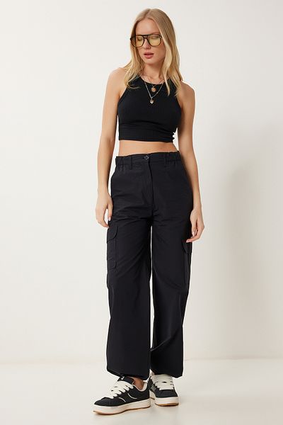 Happiness İstanbul Schwarze gewebte Cargohose mit Taschen für Damen MX00188