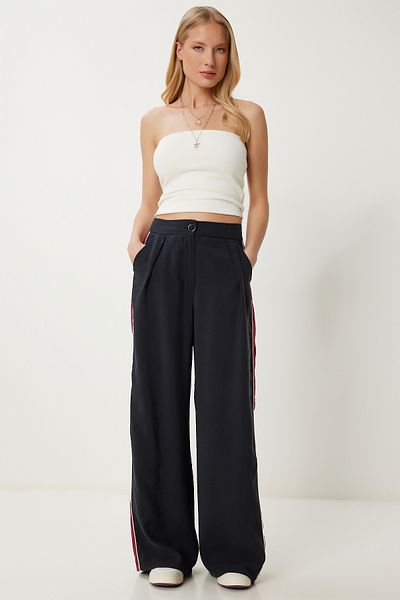 Happiness İstanbul Women's Black Striped Modal Palazzo Trousers Ns00445