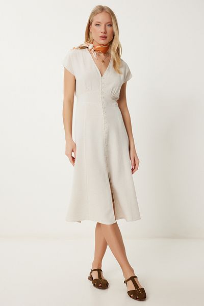 Happiness İstanbul Cremefarbenes Damenkleid mit Knopfleiste und Schlitz aus Leinen CR00498