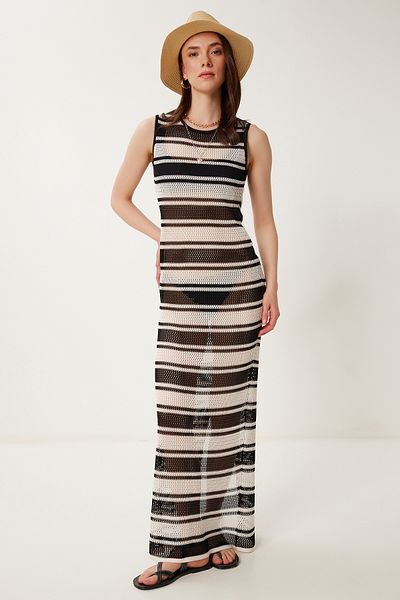 Happiness İstanbul Women's Cream Black Striped Summer Slit Knitted Dress Us00991