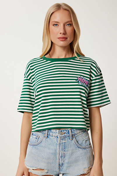 Happiness İstanbul Γυναικείο πράσινο ριγέ κεντημένο βαμβακερό πλεκτό μπλουζάκι CR00495