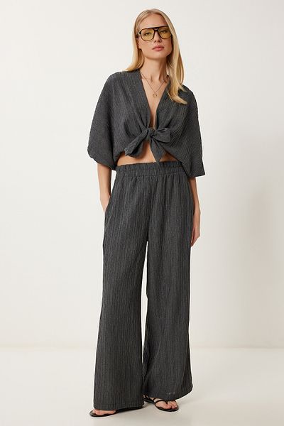 Happiness İstanbul Women Anthracite Linen Blended Tie Blouse Palazzo Pants Suit Rv00207