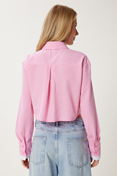 Happiness İstanbul Cămașă crop țesătă de culoare roz contrastant pentru femei MX00184
