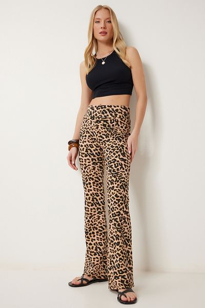 Happiness İstanbul Women Black Cream Patterned Flare Leg High Waist Stretchy Knitted Pants Cr00491