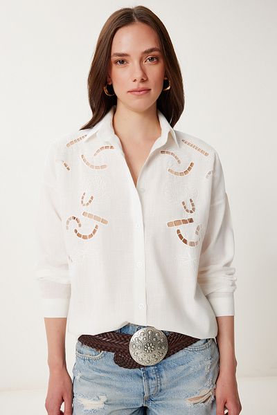 Happiness İstanbul Cămașă de in brodat cu broderie osoasă pentru femei DE00040