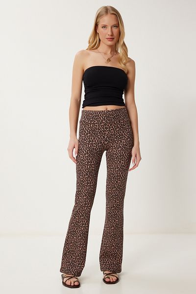 Happiness İstanbul Women Black Pink Patterned Flare Leg High Waist Stretchy Knitted Pants Cr00491