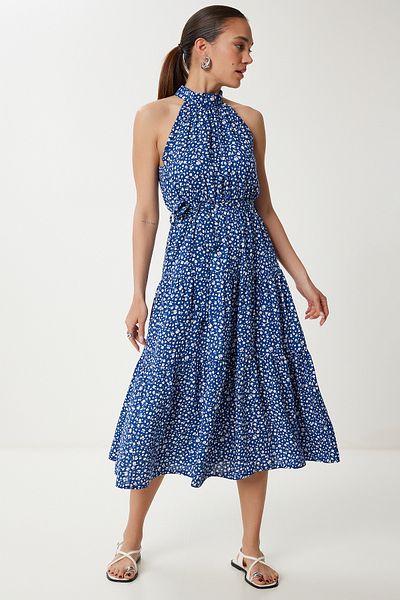 Happiness İstanbul Women's Navy Blue Halter Neck Floral Summer Viscose Dress An00238