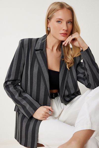 Happiness İstanbul Women's Gray Striped Oversize Seasonal Blazer Jacket Mx00185