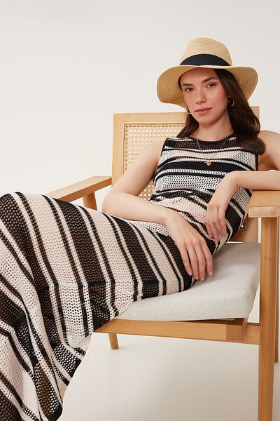 Happiness İstanbul Women's Cream Black Striped Summer Slit Knitted Dress Us00991