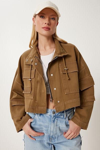 Happiness İstanbul Khakifarbene Gabardine-Jacke mit Taschen für Damen SA00042