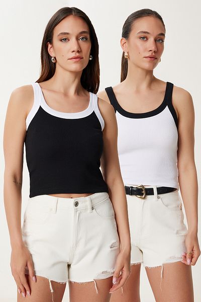Happiness İstanbul Schwarz-weißes 2er-Pack kontrastfarbenes, bauchfreies, geripptes Damen-Tanktop US00973
