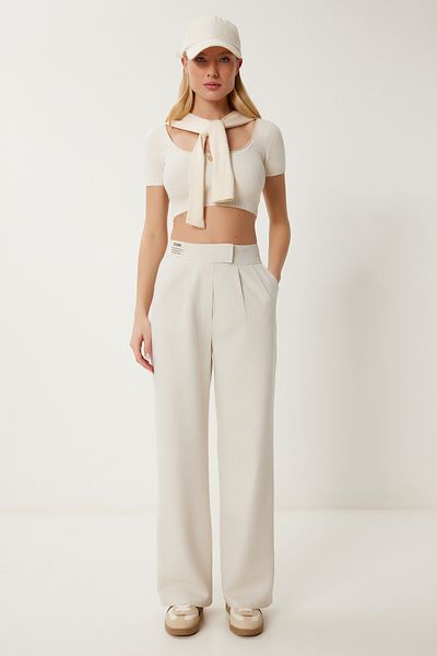 Happiness İstanbul Cremefarbene Palazzo-Hose aus Leinenmischung mit Klettverschluss für Damen ZV00306