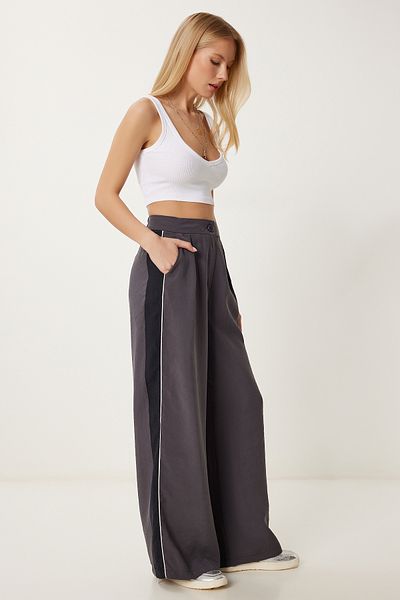 Happiness İstanbul Women's Gray Striped Modal Palazzo Trousers Ns00445