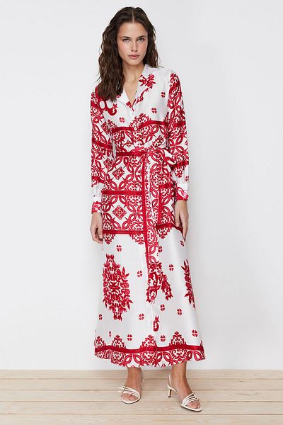 Trendyol Modest Rochie de seară cămașă cu model din satin țesut fucsia TCTSS24EB00039