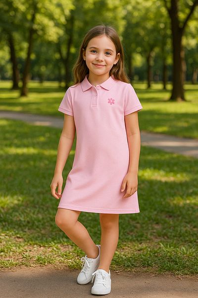 TRENDYOLKIDS Rosa Mädchen-Strickkleid aus 100 % Baumwolle mit Blumenstickerei und Polokragen, kurz TKDSS25EL00085