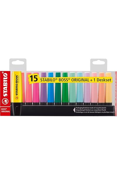 Stabilo BOSS ORIGINAL - Fosforlu Kalem - 15'li Masa Seti - 9 Parlak Renk - 6 Pastel Renk