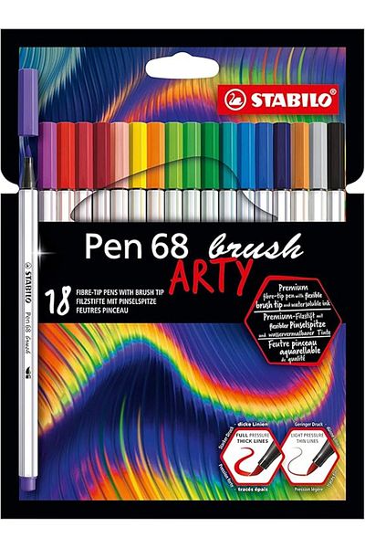 Stabilo Pen 68 Brush Arty - Felt Tip Paint Pens - Pack of 18 - Various Colours