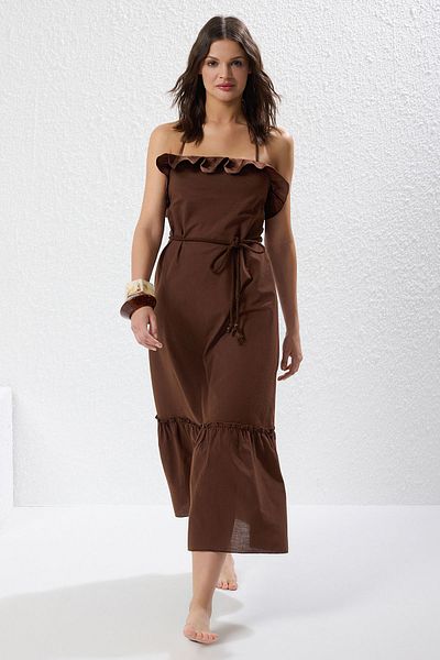 Trendyol Collection Καφέ Maxi υφαντό βολάν 100% βαμβακερό φόρεμα παραλίας TBESS25EL00097