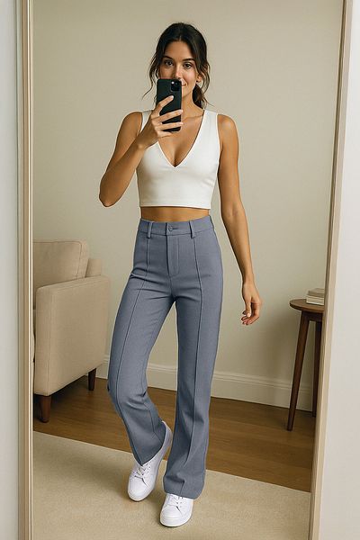Trendyol Collection Graue, gerade geschnittene, gerippte, genähte Webhose mit hoher Taille TWOSS21PL0093