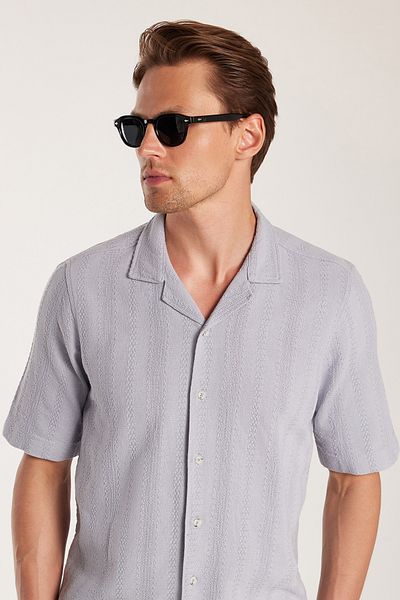 Tudors Men's Regular Fit Classic Cut 100% Cotton Linen Effect Short Sleeve Sports Casual Collar Gray Shirt