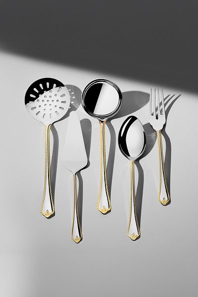 Nehir Fulya Gold Plain 12-Person 89-Piece Leather Boxed Cutlery Set