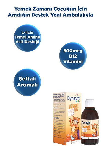 Dynavit Kids Lizinkid-B12 Syrup 150ml- L-Lizin Essential Amino Acid Support, B Vitamins, Chromium, Zinc
