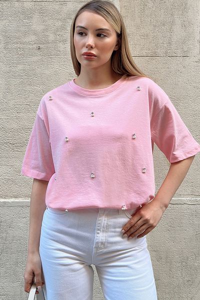 Trend Alaçatı Stili Women's Pink Crew Neck Oversize Pearl and Stone Embroidered T-Shirt Alc-X11964