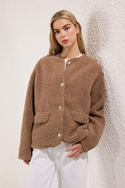 Trendyol Collection Χοντρό πλεκτό βελούδινο φούτερ βιζόν - Λεπτομέρεια τσέπης, κανονική εφαρμογή TWOAW25SW00251
