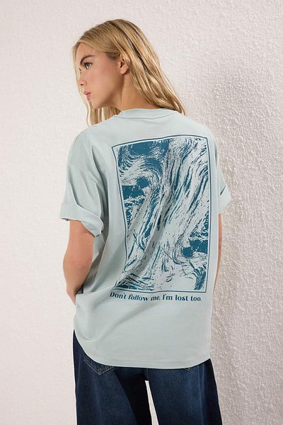Trendyol Collection Mint 100% Cotton Back and Front Printed Oversize/Relaxed Fit Knitted T-Shirt Twoss24Ts00234
