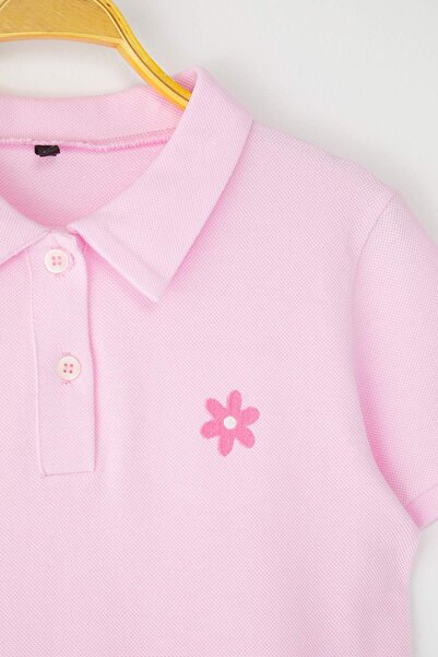 TRENDYOLKIDS Pink Girl 100% Cotton Flower Embroidered Polo Neck Short Knitted Dress Tkdss25El00085