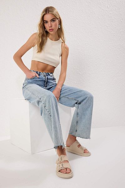 TRENDYOL SHOES Ecru Denim střapec spona Detailní dvojité pásky Dámské pantofle TAKSS25TE00038