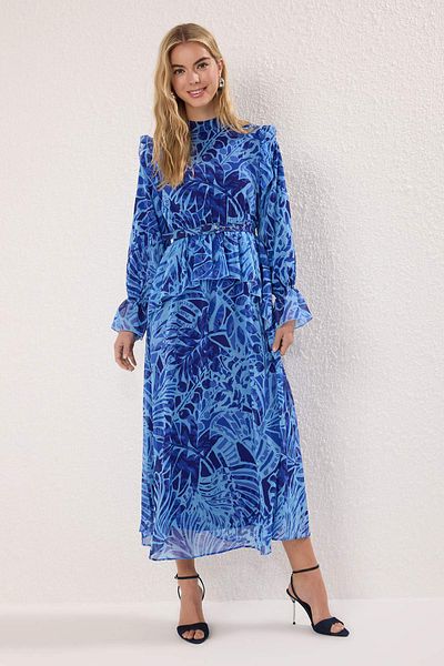 Trendyol Modest Saks Lined Floral Woven Chiffon Hijab Dress Tctss25Eb00097
