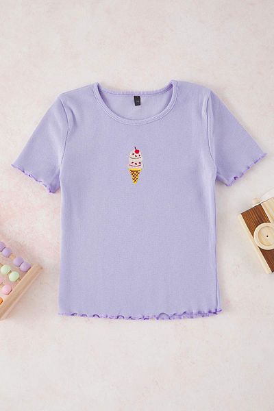 TRENDYOLKIDS Lilac-Yellow Embroidered / Embroidered Knitted T-Shirt Tkdss25Ts00027