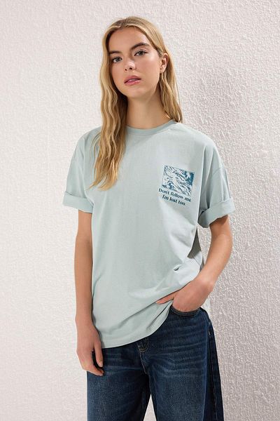 Trendyol Collection Mint 100% Cotton Back and Front Printed Oversize/Relaxed Fit Knitted T-Shirt Twoss24Ts00234