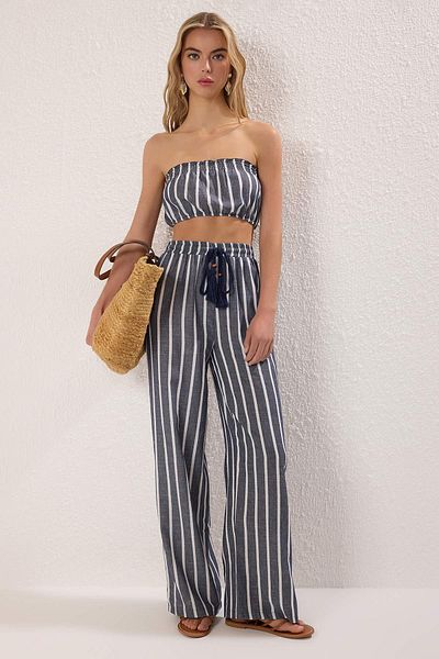 Trendyol Collection Navy Blue Striped Midi Woven Flared Cotton Beach Blouse Pants Suit Tbess25Au00111