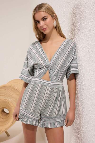 Trendyol Collection Green Navy Blue Striped Midi Woven Flared Cotton Beach Jumpsuit Tbess25Tu00005