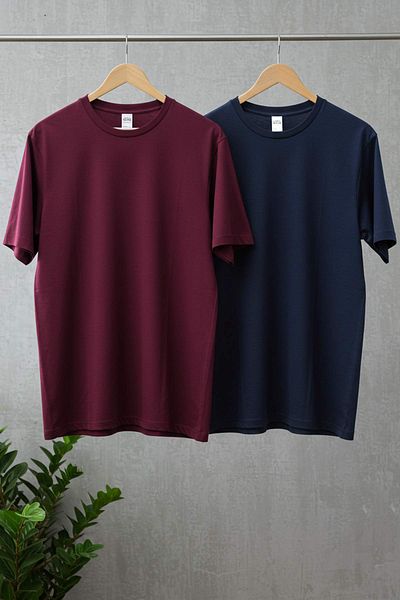 Trendyol Collection Claret Red-Navy Blue Oversize 2-Piece Basic 100% Cotton T-Shirt