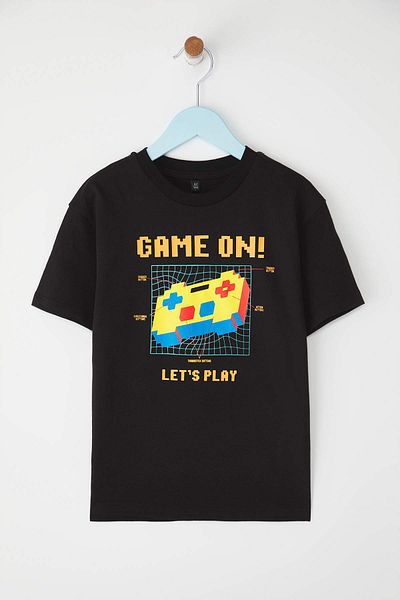 TRENDYOLKIDS Black Boy's 100% Cotton Game Printed Short Sleeve Knitted T-Shirt Tkdss25Ts00116