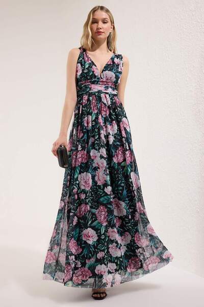 Trendyol Collection Multicolor A-Line V-Neck Floral Pattern Knitted Long Stylish Evening Dress Tprss25Ae00096