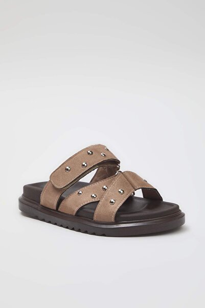 TRENDYOL SHOES Klapki damskie Mink Suede Troc Stone TAKSS25TE00036